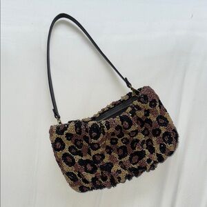 STAUD Leopard Print Beaded Bean Shoulder Bag/Clutch